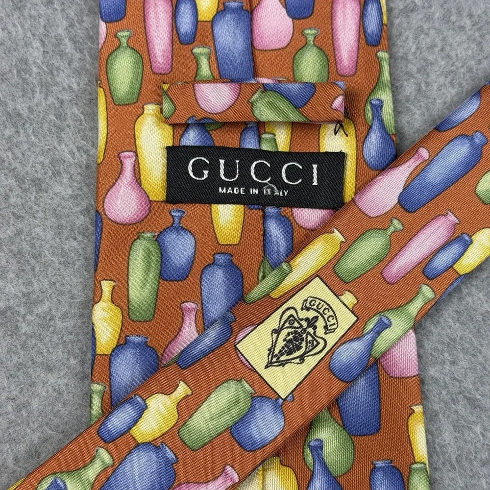 Vintage Gucci Italy Silk Tie Art Pottery Vase Print Orange Multicolor‎ 56x3.75